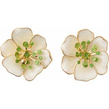 Nergis Collection Kadın Beyaz Çiçek Küpe | Yeşil Taşlı Gold Vintage Premium Büyük Şık Küpe