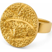 Nergis Collection Kadın Gold Çelik Yuvarlak Desenli Yüzük | Ayarlanabilir Büyük Form Şık Statement Yüzük