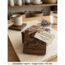 Rusticwood El Yapımı Doğal Ceviz Bardak Altlığı Seti - 4’lü Dağ ve Ay Serisi (7x7 Cm)