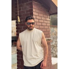 Guaraz Erkek Basketci Sıfır Kol Krem Bisiklet Yaka Oversıze %100 Pamuk Kolsuz Kejıl T-Shirt