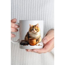 Desene Bak Kedi Severlere Özel Kahve Temalı Baskılı Kupa 330 ml