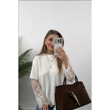 Esila Moda Kadın Beyaz Dantel Detay Tshirt