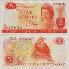 Banknoting Yeni Zelanda 5 Dolar 1975-77 Kraliçe. Üst Kenarda Yarım cm Yırtık Çok Temiz+