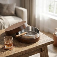 Cekar Store Deconox Bambu Kapaklı Küllük - Rüzgar Geçirmez Koku Hapseden Dekoratif Ahşap Kapaklı Kül Tablası (Doğal Bambu ve Kahverengi Renk Seçeneği) (Meşe)