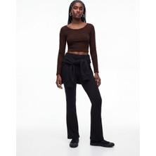 LTB Uzun Kollu Bisiklet Yaka Crop Kahverengi Sweatshırt