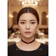 Jivva's Collection Bordo Kadife Çift Zincirli Halka Detaylı Choker Kolye. Özel Tasarım