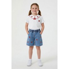 Cansın Mini Ekru Yakası Çilek Nakışlı Badili Jean Şortlu Kız Çocuk 2li Takım 24048