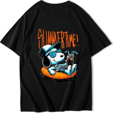 Brz Collection Unisex Oversize Summertime Snoopy T-Shirt Siyah