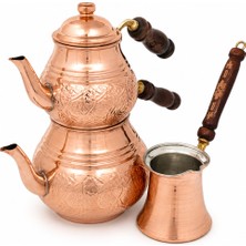 Copper Empire Geleneksel El Yapımı Bakır Çaydanlık ve Cezve, Ahşap Saplı Premium, Çay Kahve Seti