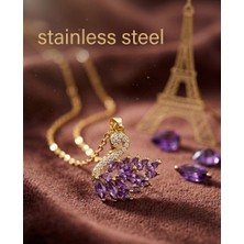 Stainless Steel Gold Renk Beyaz Mor Zirkon Taşlı Kuğu Model Kararmaz Model Çelik Kolye