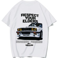 Brz Collection Unisex Oversize Respect Your Elders Bmw T-Shirt (Beyaz)