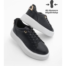 Marjin Kadın Sneaker Kalın Taban Altın Toka Detaylı Bağcıklı Spor Ayakkabı Rofke Siyah