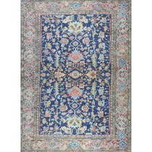 Pera Halı Lacivert ve Somon Çiçekli Vintage Türk Halısı - Outlet - T0671OU