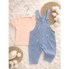 Aslin Store Minik Çiçek Işleme Detaylı Kısa Kollu Kız Bebek Salopetli 2 Li Takım