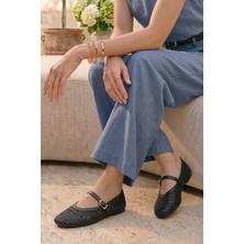 Stilbagshoes Gilda Küt Burun Hasır Detaylı Kadın Babet Siyah