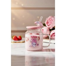 Miniso Sanrio Lisanslı My Melody Kapaklı ve Pipetli Cam Şişe – Figürlü Borosilikat Cam Kupa 450 ml