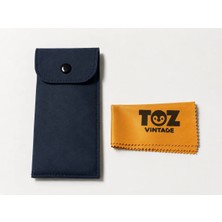 Toz Vintage Mavi Deri Çıtçıtlı Uzun Gözlük Kılıfı Ince Koruyucu Kese ve Gözlük Bezi