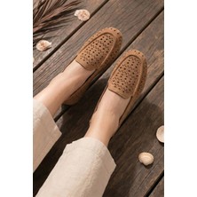 Stilbagshoes Fredia Hakiki Deri Lazer Baskılı Kadın Babet Taba