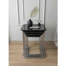 Sofex 4'lü Tekerlekli Modern Zigon Sehpa ( Krom Siyah Carrara )