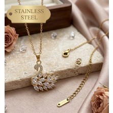 Stainless Steel Gold Renk Beyaz Zirkon Taşlı Kuğu Model Kararmaz Çelik Kolye