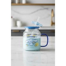 Miniso Sanrio Lisanslı Cinnamoroll Kapaklı ve Pipetli Cam Bardak – Figürlü Borosilikat Cam Kupa 450 ml