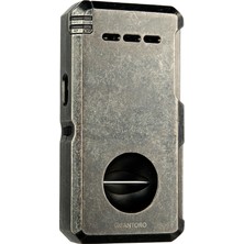 Quantoro Çift Torch Pürmüz V-Cut/delicili/iğneli Fırçalı Gümüş Metal Puro Çakmağı - TRZ1084
