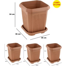 4 Adet Plastik 25 Litre Kare Büyük Boy Bahçe Balkon Salon Çiçek Yada Ağaç Saksı 36*36*34 cm Tabaklı