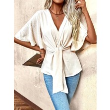 Defy Moda Kadın Kısa Kollu Kruvaze Yakalı Belden Bağcıklı Aerobin Bluz