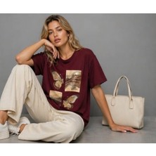 Palenaole Butik Kelebek Desenli Bisiklet Yaka Kısa Kollu Bordo Renk Basic Tshirt