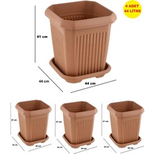Demet Home 4 ADET 44 Litre Plastik Kare Büyük Boy Bahçe Balkon Salon Çiçek Yada Ağaç Saksı 44*44*41 cm Tabaklı