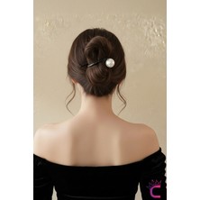 Cinderella Retro Modern Beyaz Incili Siyah Şık Kıstırmalı Kadın Saç Tokası 11CM - Topuz Tokası Klipsli Toka