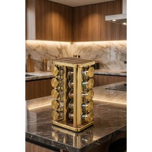 Makri Home 20’li Ahşap Desenli Gold Kare 360° Döner Standlı Baharatlık Cam Kavanoz Seti 118 ml