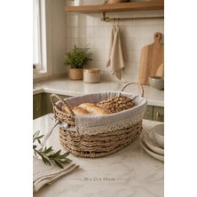 Makri Home Oval Bambu Ekmek Sepeti, 30 x 21 x 10 Cm, Dantelli Çiçek Desenli Kumaş, Metal Çerçeve