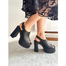 Asmi Shoes Kadın Veronica Siyah Cilt 12 cm Önü ve Arkası Açık Platform Topuklu Ayakkabı