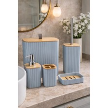 Makri Home Bambu Kapaklı Çizgili Dikdörtgen 5 Parça Banyo Seti, Gri, 21 x 19 x 24 Cm.