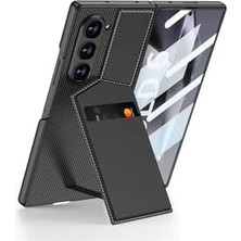 Skygo Galaxy Z Fold 6 Kılıf Karbon Fiber Deri Kartlıklı Kıpta Dik Açılan Kartlıklı Kapak-Siyah