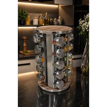 Makri Home 20’li Ahşap Desenli Krom Yuvarlak 360° Döner Standlı Baharatlık Cam Kavanoz Seti 118 ml