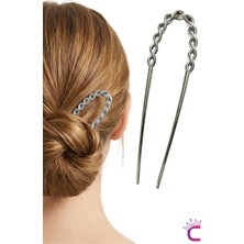 Cinderella Twist Model French Pin Kadın Gümüş Metal Topuz Tokası 12.5cm - Modern Çubuk Toka Saç Topuz Çubuğu