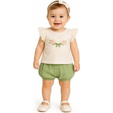 İrem Çocuk Giyim Kız Bebek Kolları Fistolu Önü Çiçek Nakışlı Müslin Kumaş Şortlu Krem Renk Takım