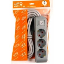 Skygo Ufo 3lü Anahtarlı Grup Priz 5 Metre 16A 250V, Üçlü Topraklı Uzatma Kablosu 5 Metre Gri Renk