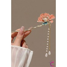 Cinderella Peony Zirkon Taşlı Pembe Çiçekli Japon Topuz Tokası 16CM - Zarif Sallantılı Incili Metal Çubuk Toka