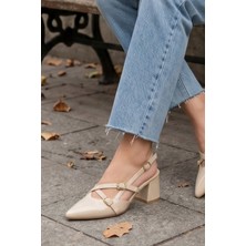 Liarca  Mary Jane Bej Rugan Çapraz Tokalı Slingback - Sivri Burun Alçak Kare Topuklu Elegant Kadın Ayakkabı