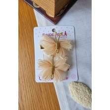 Cinderella 2'li Soft Bej Tül Kanatlı Gold Detaylı Kelebek Toka Seti 5cm - Kelebekli Toka Pens Klips Saç Tokası