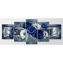 Dünyatablo Lacivert Gümüş Dekoratif Çiçekli - 5’li Şaseli Metal Tablo Kombini