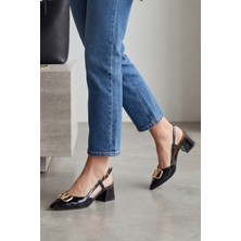 Liarca V-Royal Siyah Rugan Işıltılı Altın V-Toka Detaylı Elegant Slingback - Sivri Burun Alçak Kare Topuklu Tasarım Kadın Ayakkabı