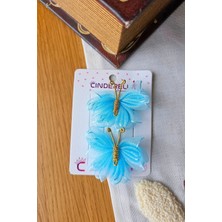 Cinderella 2'li Mavi Tül Kanatlı Gold Detaylı Kelebek Toka Seti 5cm - Kelebekli Toka Pens Klips Saç Tokası
