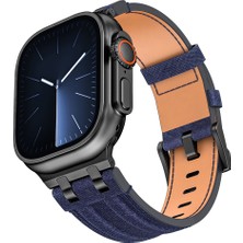 Mobicas Apple Watch Se 2 (44MM) Uyumlu Kot Kumaş Tasarımlı KORDON-153 Siyah Mavi