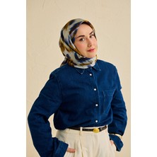 Silk Home Twill Ipek Eşarp Soyut Çiçek Desen Gece Mavisi 90X90