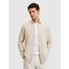 Cacharel Erkek Bej Regular Fit Yakası Düğmeli %100 Keten Gömlek 50319198-VR011