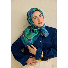 Silk Home Twill Ipek Eşarp Badem Motif Desen Lacivert 90X90